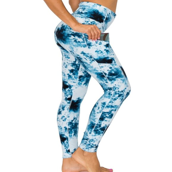Women's Premium Detail Active Full-Length Leggings w/Pockets Aqua Tie Dye S-XL - Picture 1 of 5